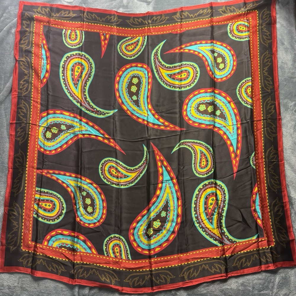 Gilliland H&C 42" 100% Silk Wild Rag Brown Turquoise Paisley Western Scarf